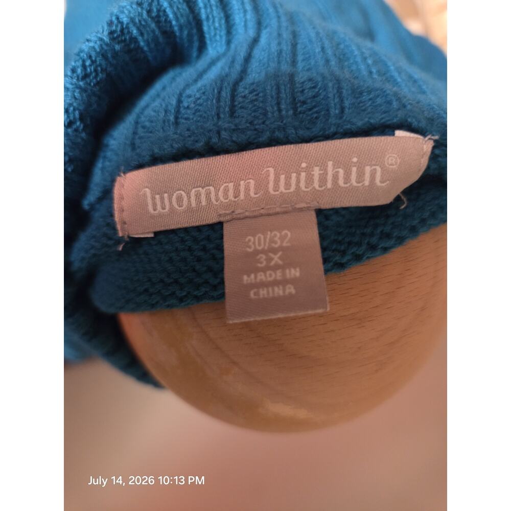 Woman Within Women's 3X Teal Cable Knit Mock Neck 1/4 Zip Cotton Sweater - Picture 3 of 4